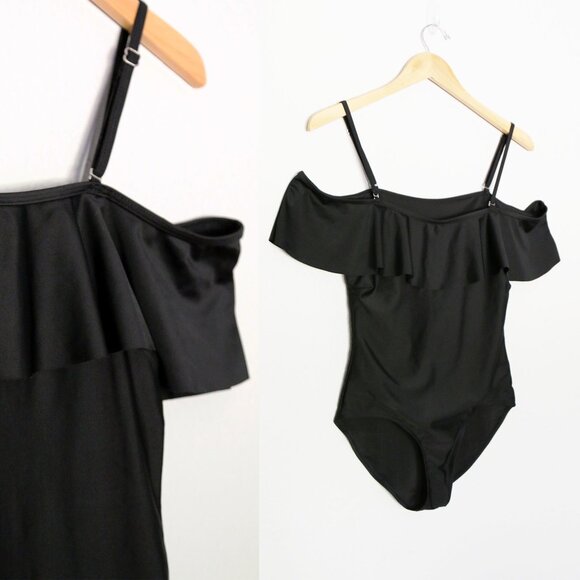 Black Off The Shoulder or Strapless Ruffle One Piece Swimsuit S Padded Modest - Picture 7 of 11